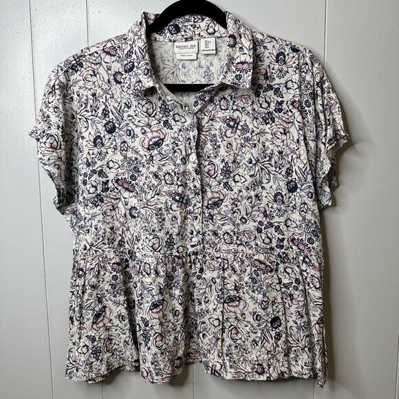Rachel Zoe Womens Size L Floral Peplum Collared Buttons 100% Linen Ruffled Hem - Picture 1 of 10